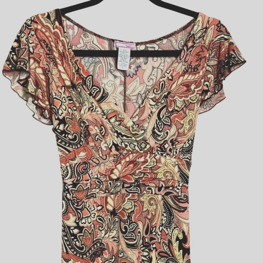 Vol.1 Paisley Print Midi Dress With Flutter Sleeves Handkerchief Hem V-Neck Lg - Picture 3 of 8